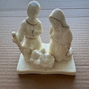 Cream Nativity Scene Religious Figurine Baby Jesus Mary Joseph Gold Trim Vintage